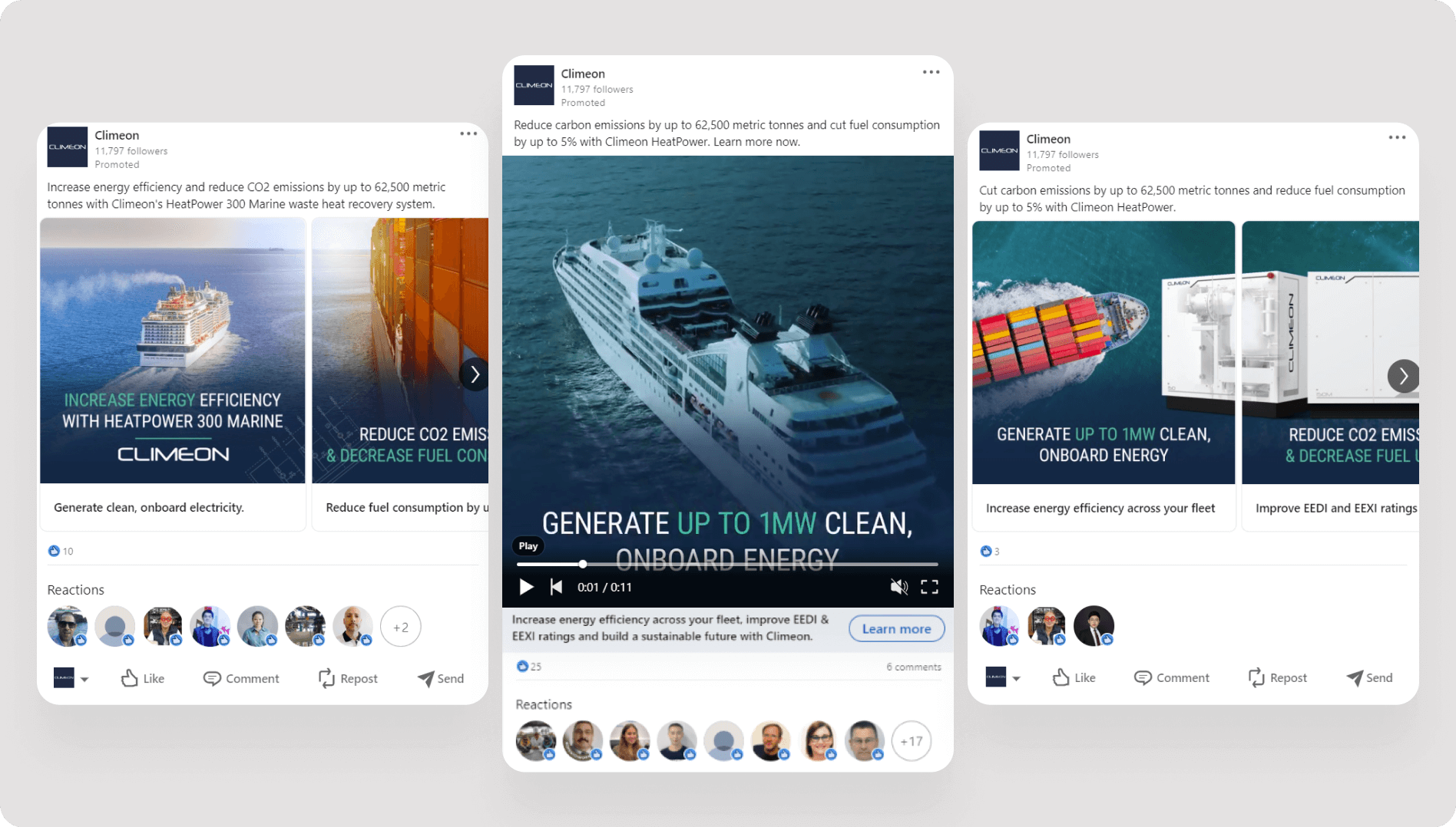 Three screenshots of LinkedIn Ads are shown. All three ads are maritime-focused and include text that relates to Climeon's HeatPower 300 Marine module. At the bottom of each image, user icons are shown indicating reactions and responses to the ads.